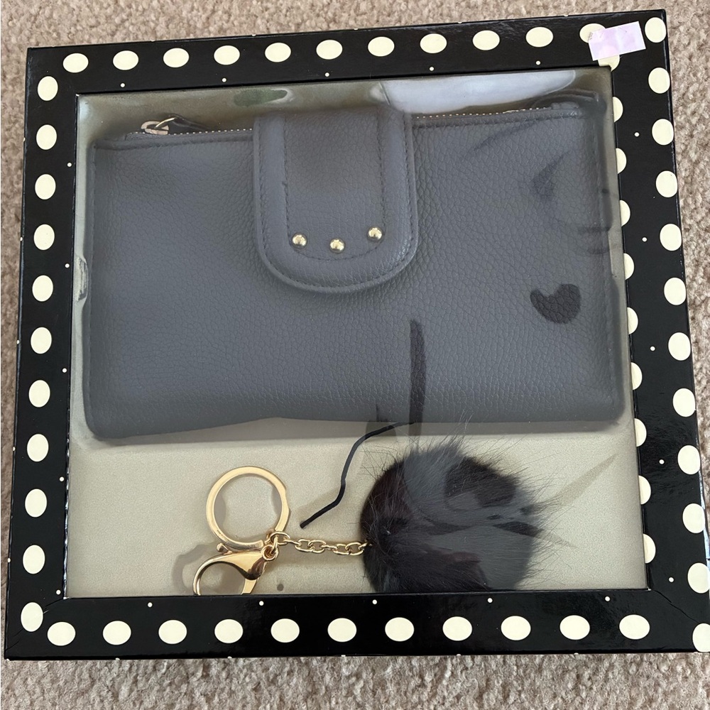 Gray Faux Leather Wallet with Pom Keychain